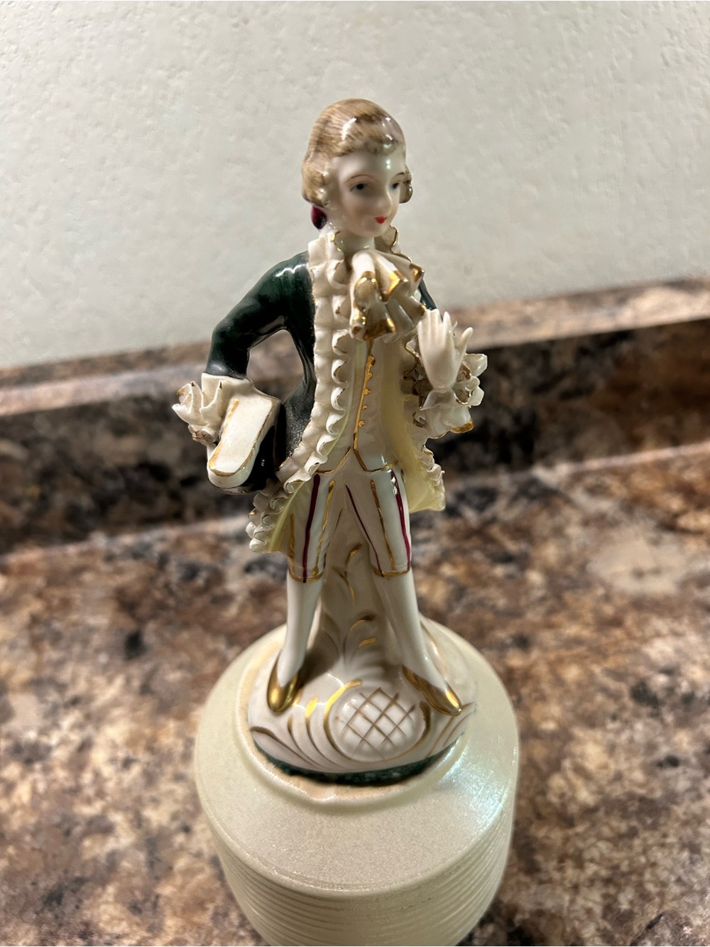 Porcelain Cavalier Figurine in Cream, Green & Gold